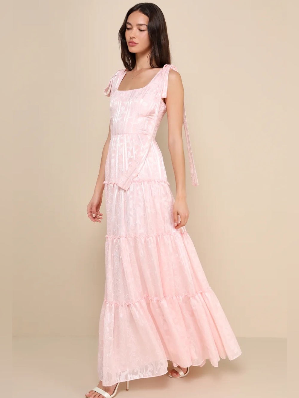 LULU’S Picturesque Allure Blush Pink Jacquard Tie-Strap Maxi Dress